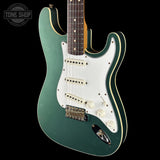 Front angle of Used 2021 Fender Custom Shop Double Bound Strat Sherwood Green Metallic.