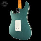 Back angle of Used 2021 Fender Custom Shop Double Bound Strat Sherwood Green Metallic.
