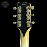 Back of headstock of Rock N Roll Relics Lightning Jr Nicotine White Medium Aging.