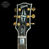 Headstock of Used Gibson Dealer Select Les Paul Custom Chambered Ebony Murphy Ultra Light Aged.