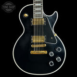 Front of Used Gibson Dealer Select Les Paul Custom Chambered Ebony Murphy Ultra Light Aged.
