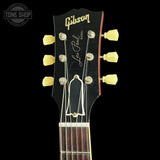 Headstock of Used 2022 Gibson Custom Shop M2M '59 Les Paul Standard Chambered Murphy Lab Ultra Light Aged Lemon Burst Bigsby.