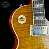 Shoulder of Used 2022 Gibson Custom Shop M2M '59 Les Paul Standard Chambered Murphy Lab Ultra Light Aged Lemon Burst Bigsby.