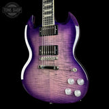 Front angle of Used 2023 Epiphone SG Modern Figured Purple Burst.