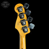 Back of headstock of Used 2022 Squier Classic Vibe 70s Jazz Bass Natural.