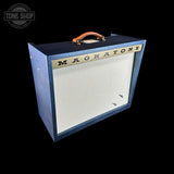 Front angle of Magnatone TSG Exclusive Panoramic Stereo Blue Croc / White 2x10 Tube Combo Amp.
