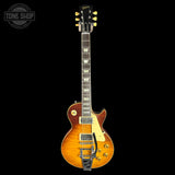 Full front of Gibson Custom Dealer Select 1959 Les Paul Standard Chambered Tejas Burst AAA Top Bigsby Ultra Light Aged.