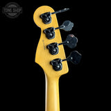 Back of headstock of Used 2023 Fender American Pro II Jazz Bass White.