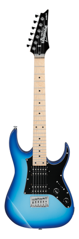 Full frontal of Ibanez Gio GRGM21M Blue Burst Electric Guitar.