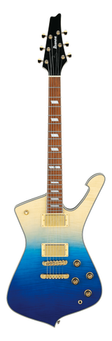 Full frontal of Ibanez IC420FMTBG Iceman Transparent Blue Gradation.