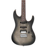 Front of Ibanez TQM2 Tom Quayle Signature Charcoal Black Burst Flat.