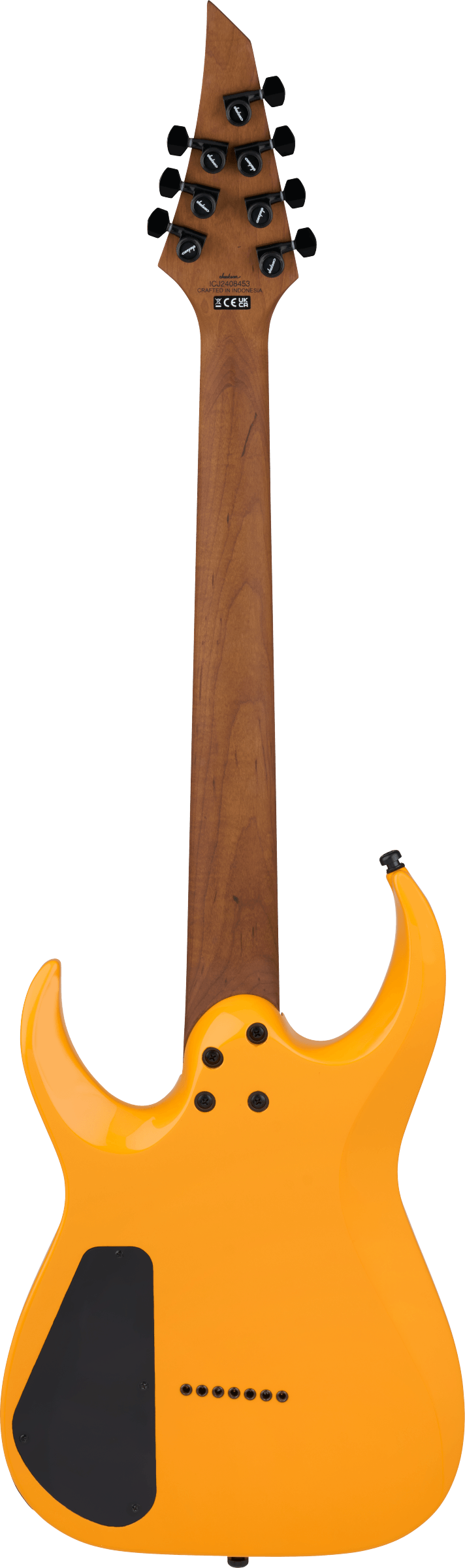 Back of Jackson Pro Series Misha Mansoor Juggernaut HT7 Ebony Signal Yellow.