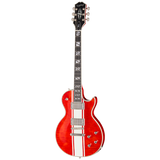 A red Epiphone Les Paul guitar with a white center stripe and white block inlays on the fretboard, shown against a solid white background.