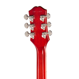 Close-up rear view of a red Epiphone Les Paulguitar headstock with six silver tuning pegs on a plain white background.