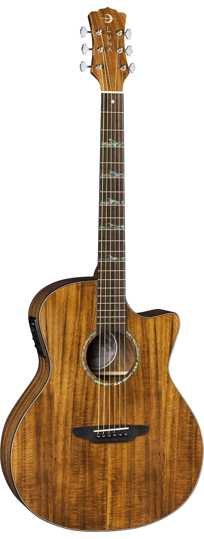 Full frontal of Luna Uke High Tide Koa Grand Concert CAW A/E.