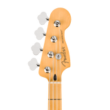 Close-up of a Fender bass headstock in a natural maple finish, showing four silver tuning pegs, four strings, and the Fender logo on a white background.