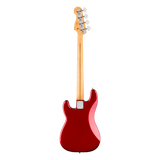 A red electric bass guitar shown from the back, featuring a glossy red body, a natural wood neck, and four silver tuning pegs, isolated on a white background.