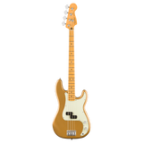 A Fender P-Bass bass guitar in a metallic gold finish, featuring an off-white pickguard and maple neck, shown against a plain white background.