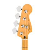Close-up of a Fender Precision Bass headstock in a natural maple finish, showing four silver tuning pegs and the Fender logo, on a white background.