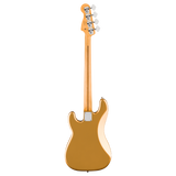 A gold electric bass guitar shown from the back, featuring a glossy metallic gold finish, a maple neck, and four white tuning pegs, isolated on a white background.