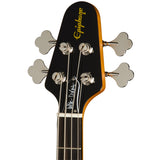 Close up of headstock of Epiphone Mike Dirnt Grabber G 3 Bass Silverburst w/case