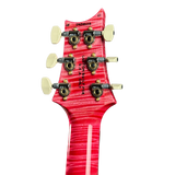 Close-up of a red guitar neck with tuning pegs on a white background