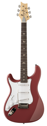 Full frontal of PRS SE Silver Sky Left Handed Derby Red.