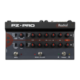 Top down of Radial PZ Pro Acoustic instrument preamp 2 ch w dual EQ 48V mic in Radial DI.