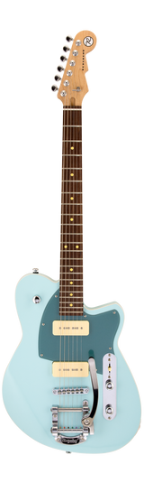 Full frontal of Reverend Charger 290 Bigsby Chronic Blue RW.