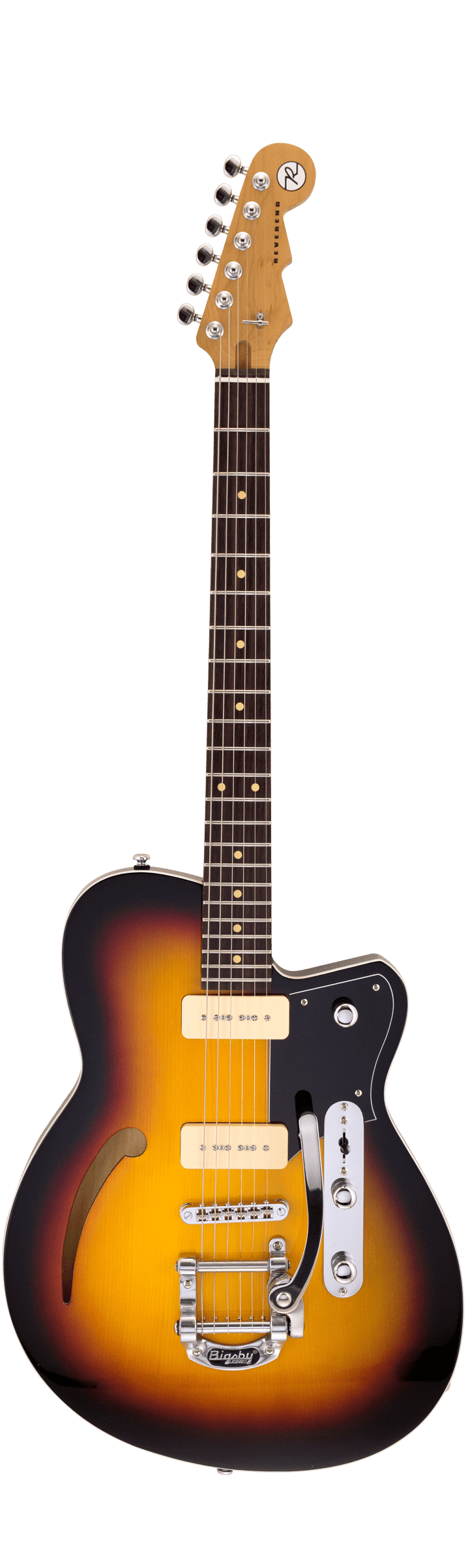 Full frontal of Reverend Club King 290 w/Bigsby 3-Tone Burst.