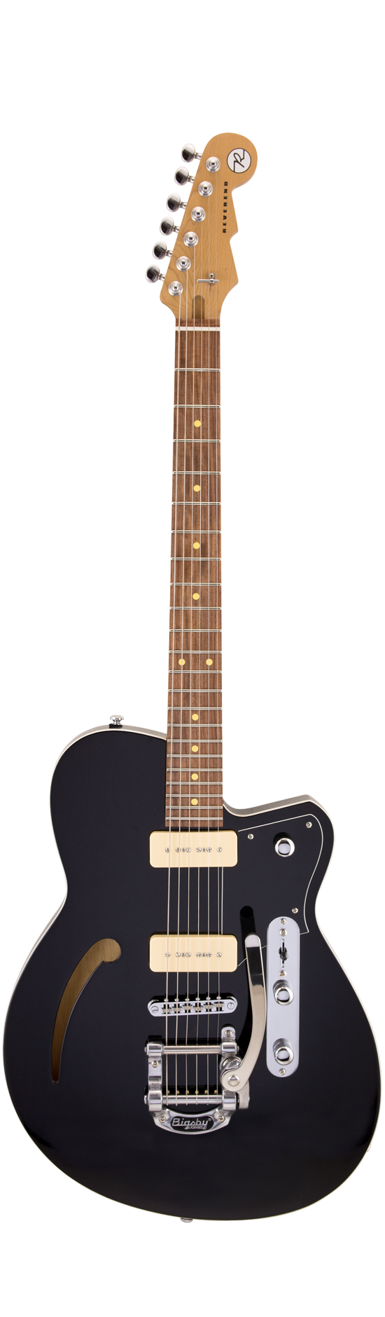 Full frontal of Reverend Club King 290 w/Bigsby Midnight Black RW.