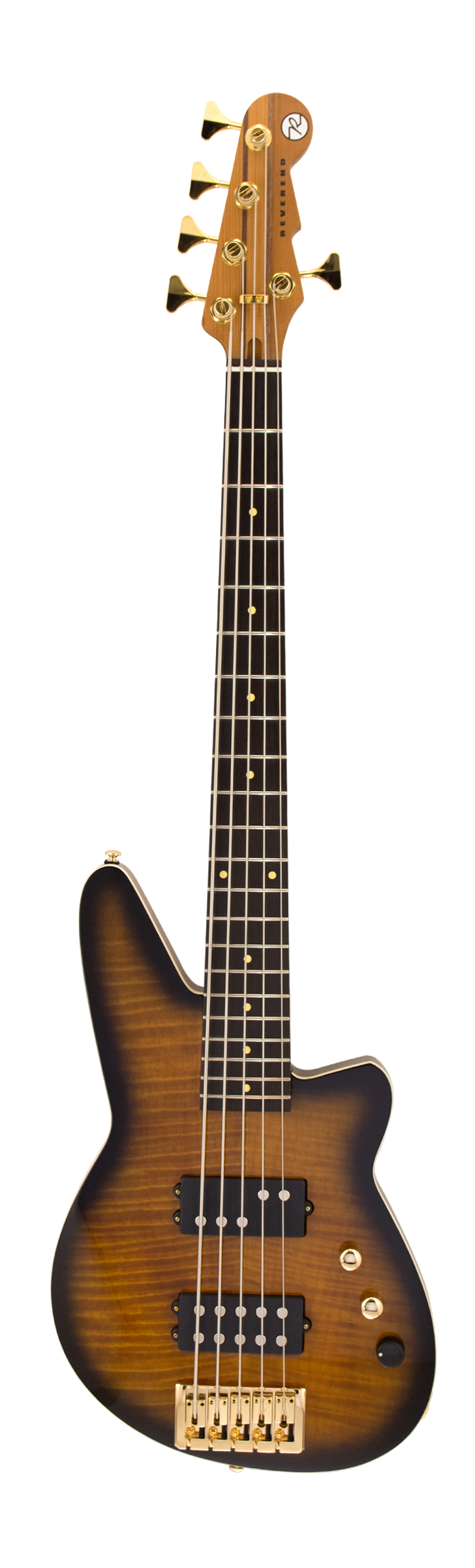 Full frontal of Reverend Mercalli 5 FM 5-String Bass Guitar Coffee Burst.