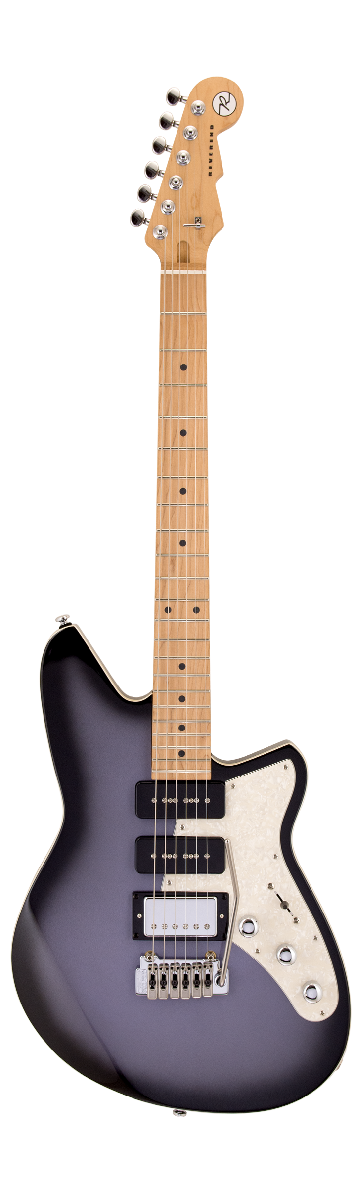 Full frontal of Reverend Six Gun HPP Periwinkle Burst.