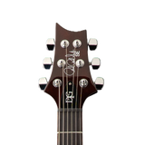 Close-up of a A PRS SE DGT Gold Top electric guitar headstock with six silver tuning pegs and white 'PRS SE DGT' branding on a plain white background.