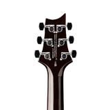 Close-up rear view of a A PRS SE DGT Gold Top electric guitar headstock with six black tuning pegs and white printed specifications on a plain white background.
