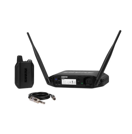 Front of Shure GLXD14+ Digital Wireless Bodypack System w/WA302 Guitar Cable.