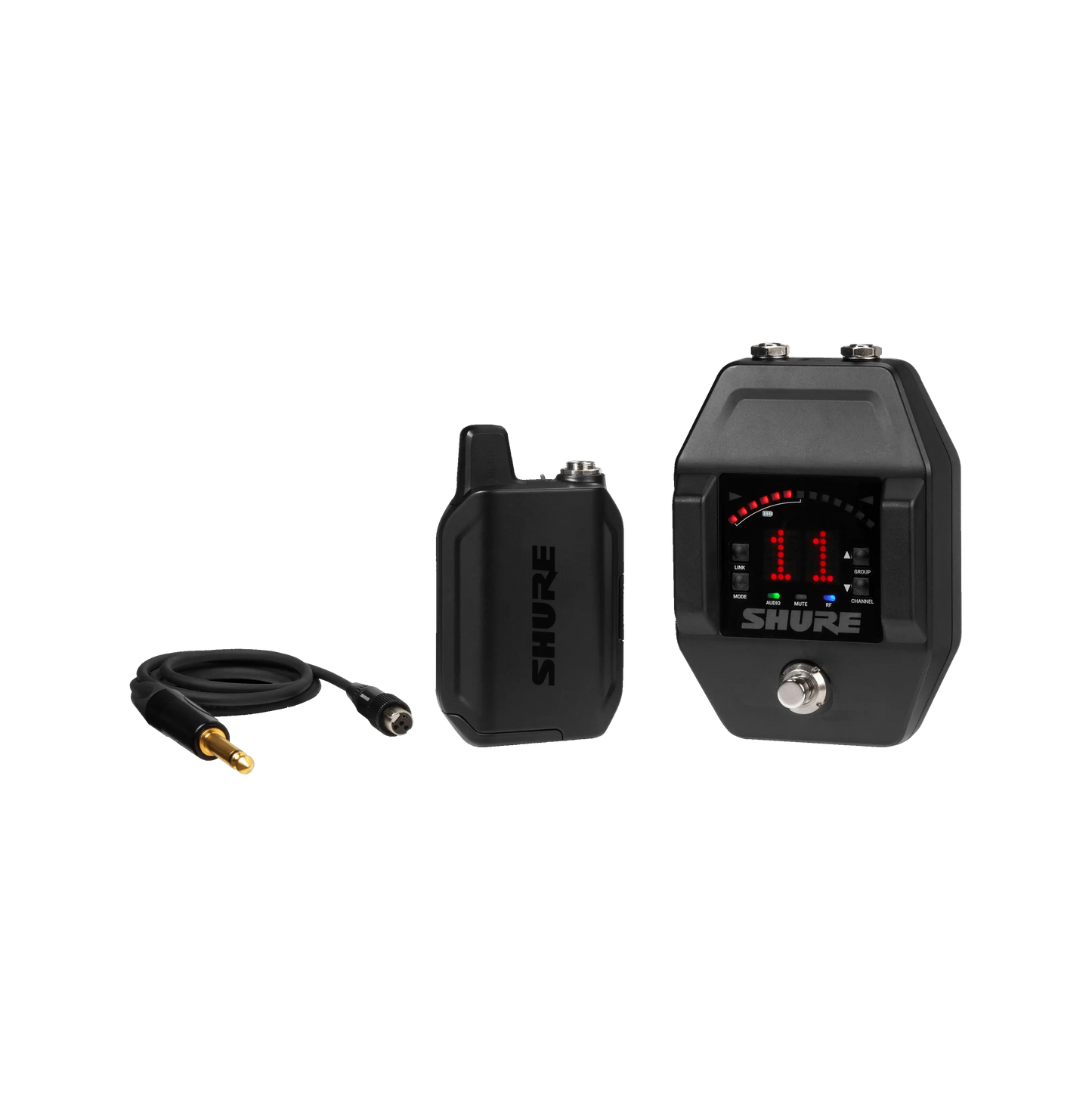 Front of Shure GLXD16+ Digital Wireless Guitar Pedal System.