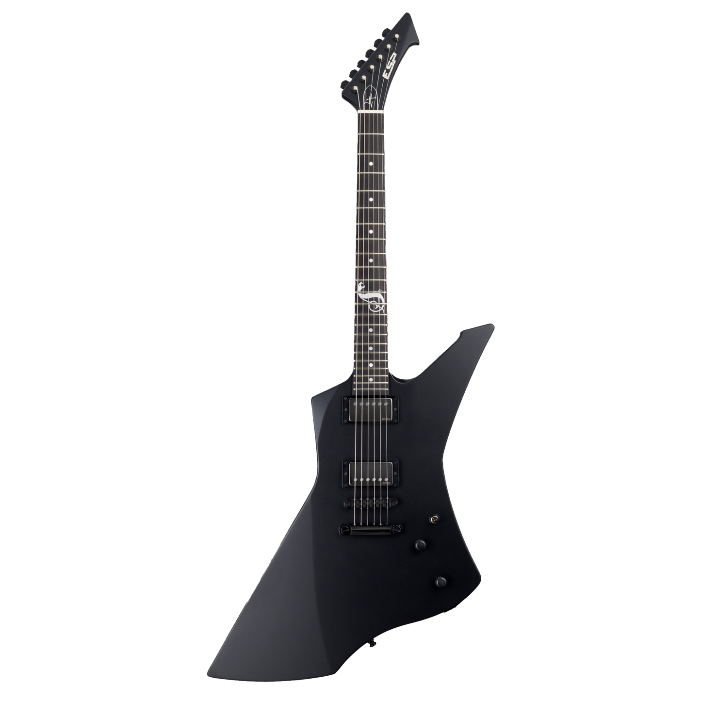 Full shot of front of ESP Custom Shop James Hetfield Signature Series Snakebyte Black Satin w/case