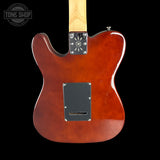 Back view of a brown electric guitar with a visible brand logo on a black background