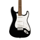 Front of Squier Affinity Series Stratocaster Mustang Micro Pack Laurel Fingerboard Black.