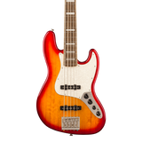 Front of Squier Classic Vibe Active '70s Jazz Bass V Laurel White Pearloid Pickguard Sienna Sunburst.