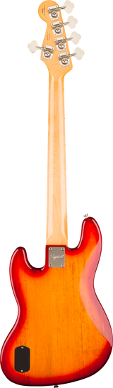 Back of Squier Classic Vibe Active '70s Jazz Bass V Laurel White Pearloid Pickguard Sienna Sunburst.