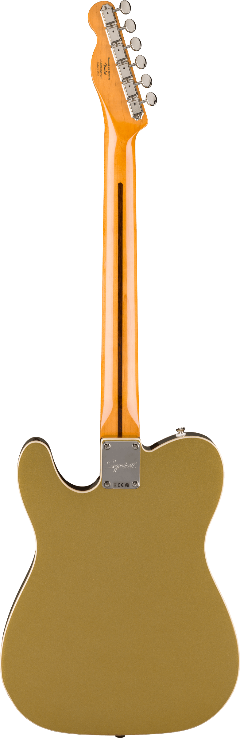 Back of Squier Classic Vibe Custom Telecaster SH with Bigsby Parchment Pickguard Aztec Gold.