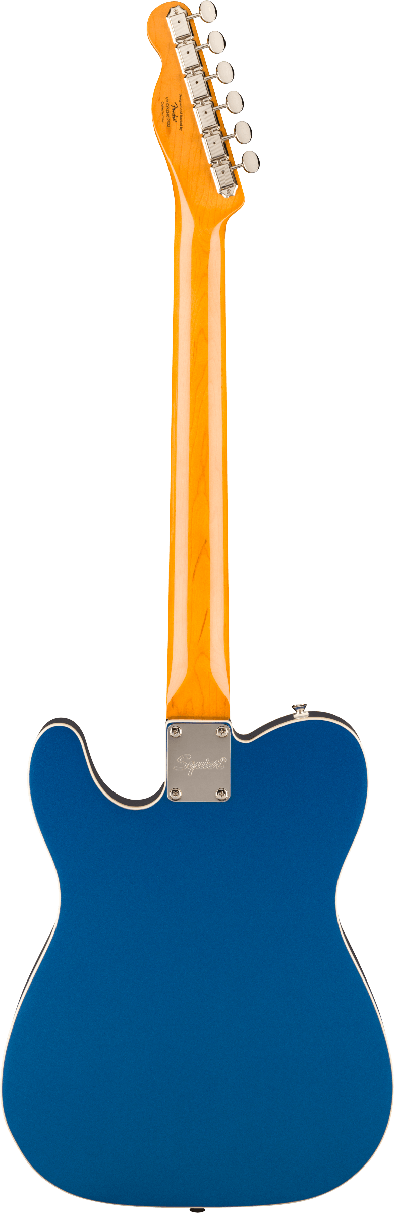 Back of Squier Classic Vibe Custom Telecaster SH with Bigsby Parchment Pickguard Lake Placid Blue.