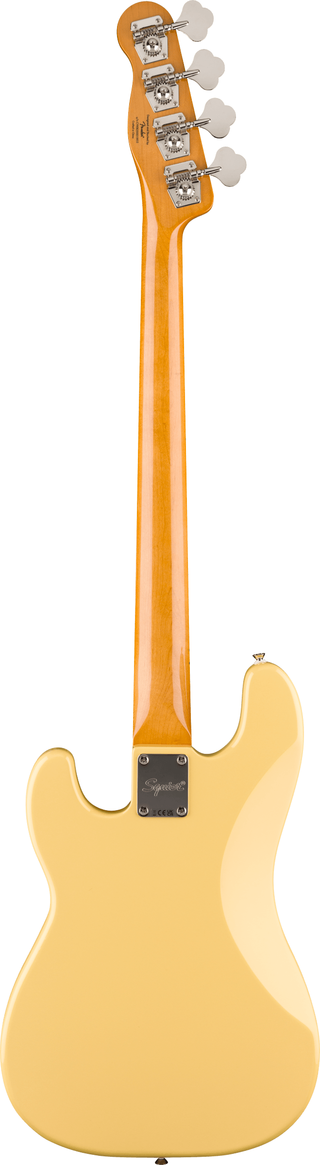 Back of Squier Classic Vibe Telecaster Bass Maple Parchment Pickguard Vintage White.