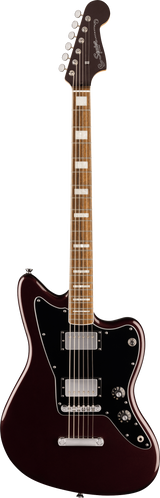Full frontal of Squier Paranormal Baritone Jazzmaster HH Laurel Oxblood.