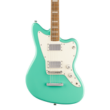 Front of Squier Paranormal Baritone Jazzmaster HH Laurel Sea Foam Green.