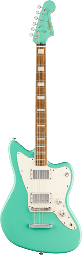 Full frontal of Squier Paranormal Baritone Jazzmaster HH Laurel Sea Foam Green.