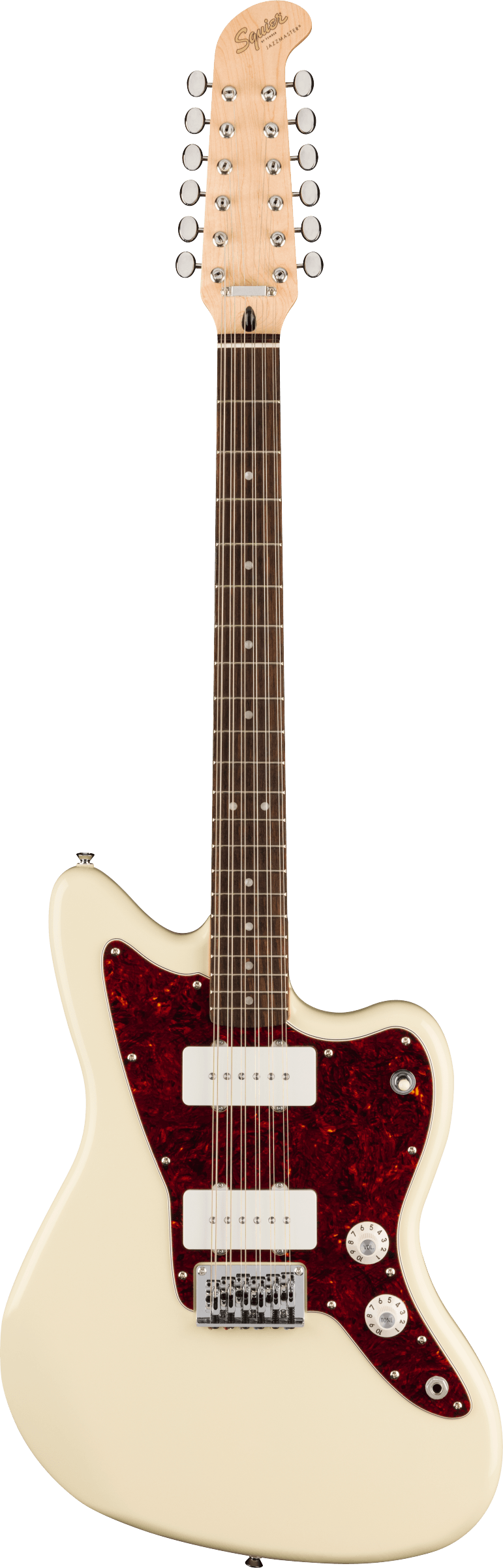 Full frontal of Squier Paranormal Jazzmaster XII LRL TSPG OLW.