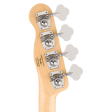 Back of headstock of Squier Paranormal Precision Bass Thinline SJ Laurel 3-Color Sunburst.